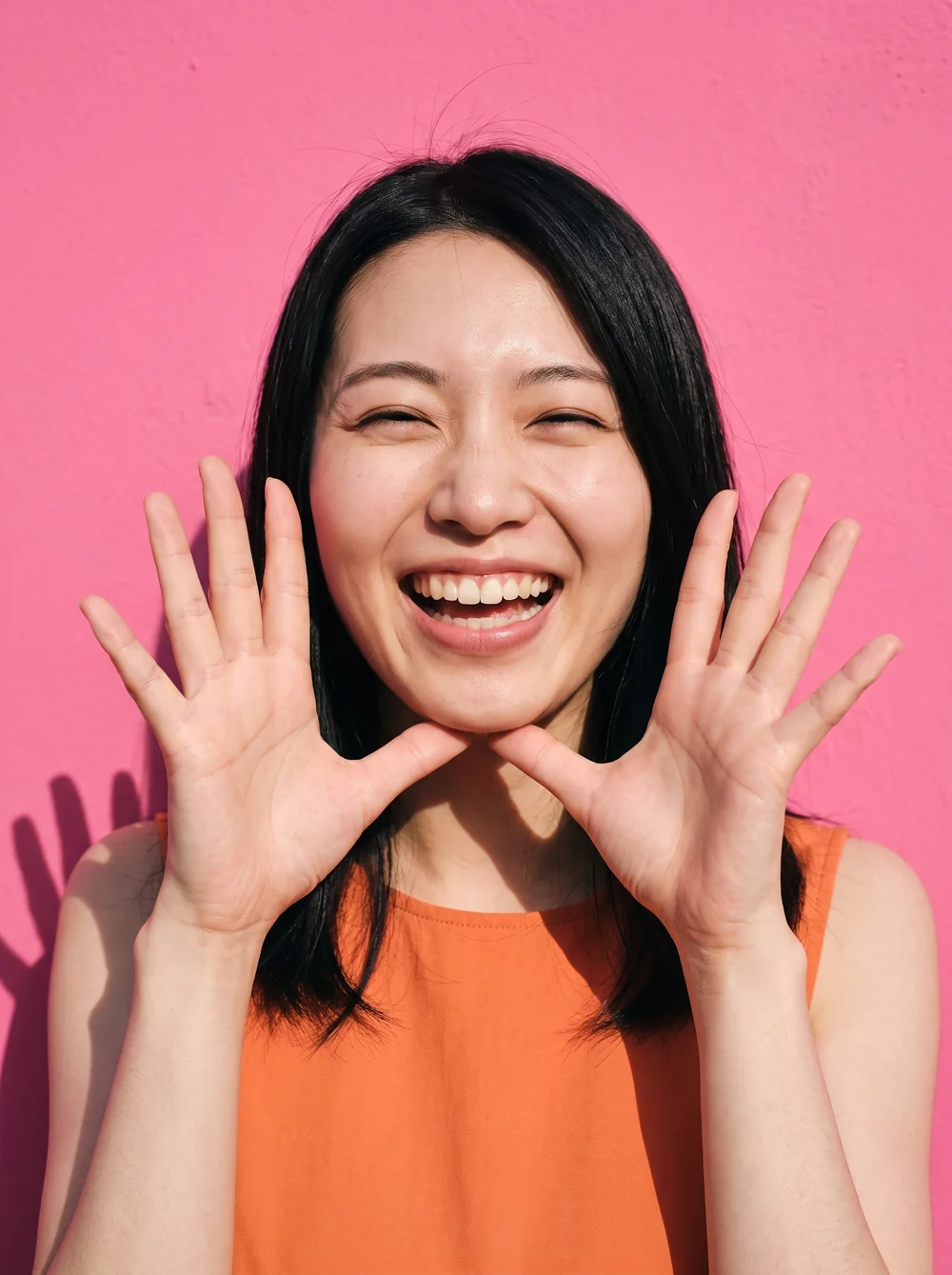 手を添えて笑う女性のポートレート