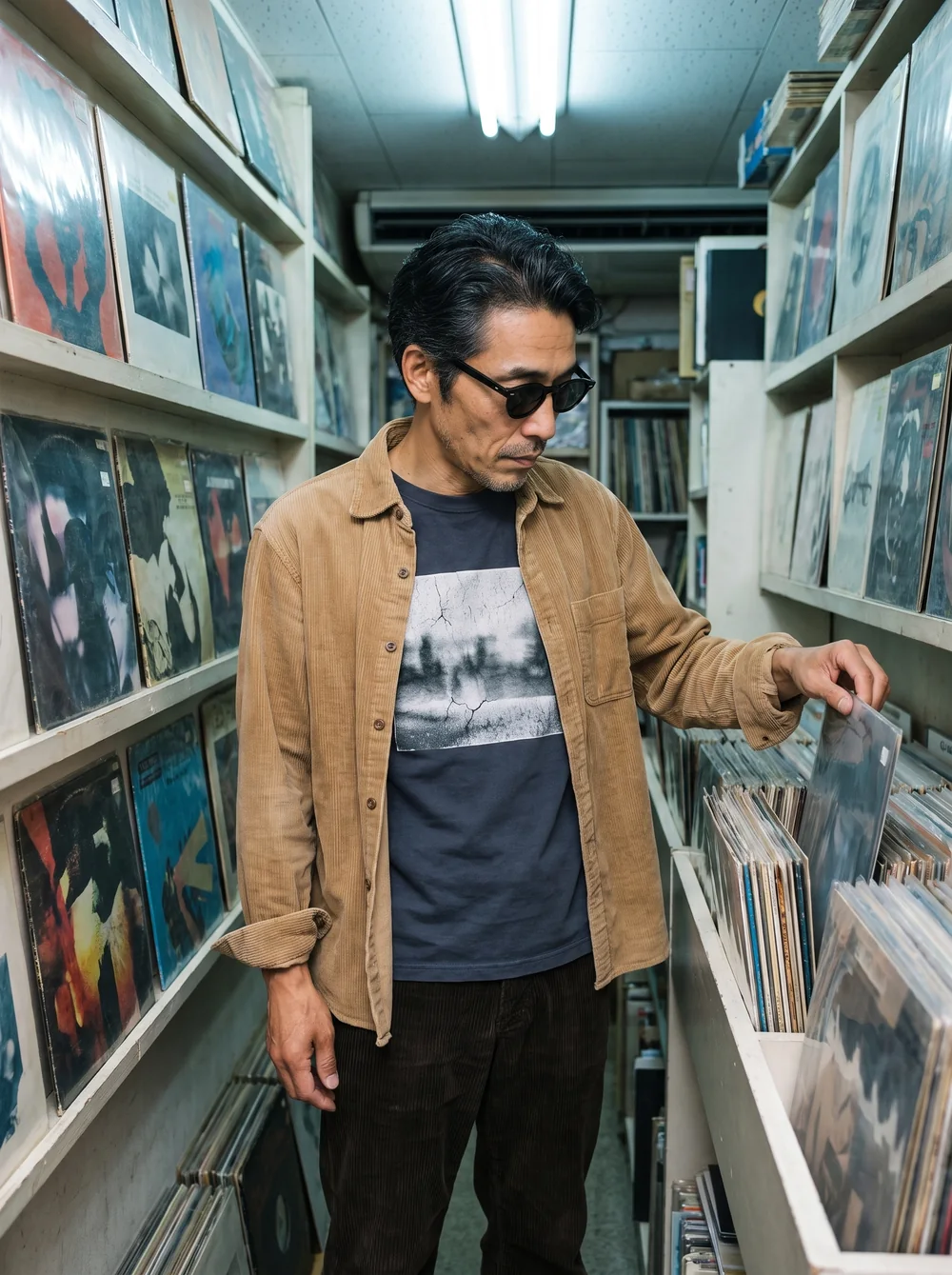 同じスタイリングで撮影したレコード店のカット