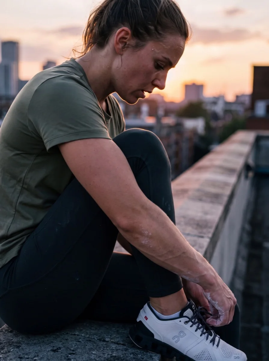 A figure tying shoes on a rooftop