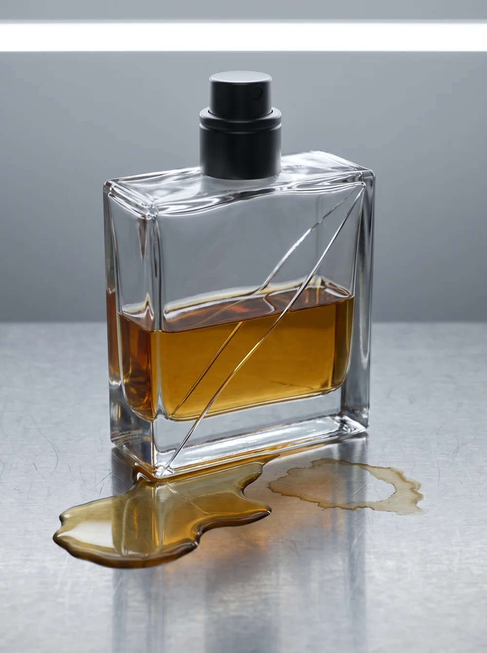 割れたガラスから液体がこぼれる香水瓶